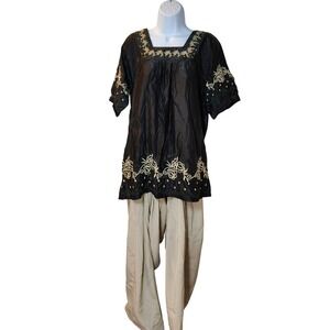 Qianzi 2pc Set L  Black Tan Embroidered  65/35 Cotton Blend  Desi Fusion Ethnic